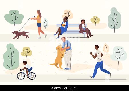 Outdoor activities flat vector illustrations set. Happy men, women and child cartoon characters. Cycling, dog walking, jogging and book reading. Smiling people rest in park, fresh air recreation Stock Vector