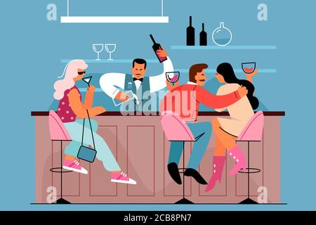 People at the bar flat vector illustration. Evening in cafe. Couple on date. Bartender at counter. Entertainment. Woman drink wine. Pub interior scene. Customers cartoon characters on blue background Stock Vector