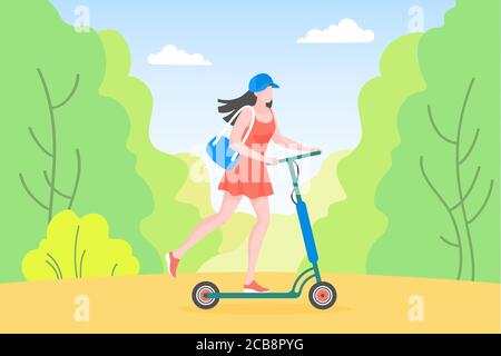 Girl on scooter flat vector illustration. Young woman in forest cartoon character. Ecological vehicle, mobility. Nature background, summertime. Active lifestyle. Hobby, outdoor activity, leisure Stock Vector