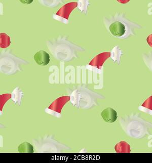 seamless pattern with Christmas hats and snowflakes on green background Stock Vector