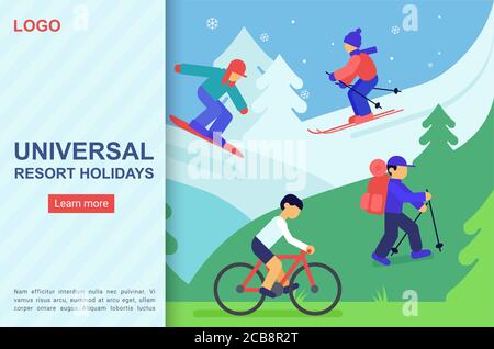 Seasonal holidays landing page vector template. Ski resort, summer camp website homepage interface idea with flat vector illustrations. Active recreation, outdoor activities web banner cartoon concept Stock Vector