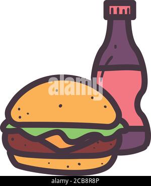 bottle and hamburger line and fill style icon design, fast food eat ...