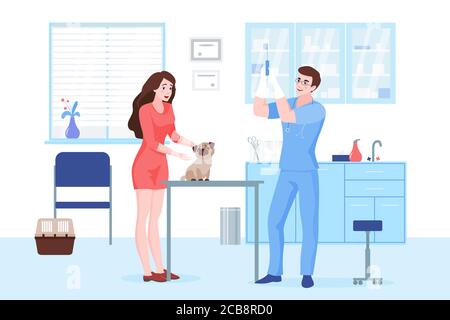 Vet clinic visit flat vector illustration. Cheerful young woman with pug and veterinarian cartoon characters. Domestic animal treatment, pet vaccination. Veterinary hospital, medical service Stock Vector