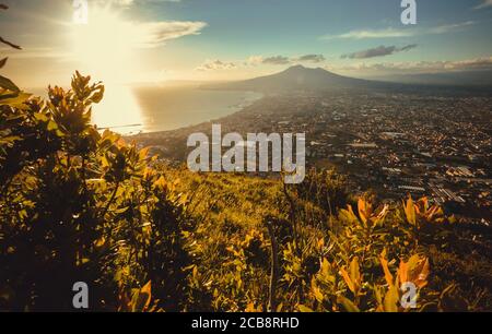 Warm light at the sunset with an amazing landscape of the Naples Coast, south of Italy. Stock Photo