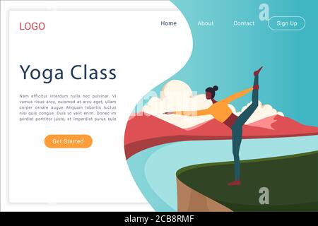 Yoga class landing page vector template. Aerobics, pilates courses website homepage interface layout with flat vector illustrations. Healthy lifestyle, active recreation web banner cartoon concept Stock Vector