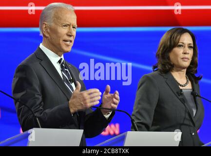 Washinton, United States. 11th Aug, 2020. Democratic presidential candidate Joe Biden announced today that he has chosen Sen. Kamala Harris, D-Calif., as his running mate for the 2020 presidential election, both seen in this file photo during a Democratic presidential primary debate, Tuesday, August 11, 2020. Biden and Harris will face off against President Donald Trump and Vice President Mike Pence. File Photo by Richard Ellis/UPI Credit: UPI/Alamy Live News Stock Photo