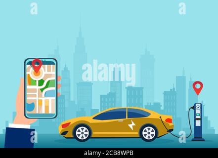Vector of an owner of the electric car using smartphone to locate charging station in the city Stock Vector