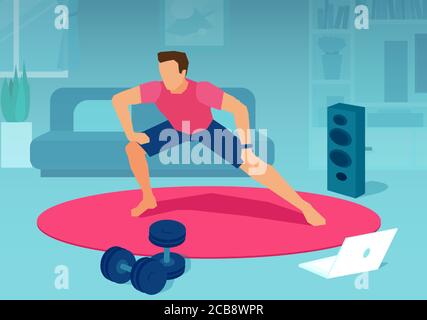 Online fitness and training concept. Vector of a fit man exercising together with fitness instructor on laptop Stock Vector
