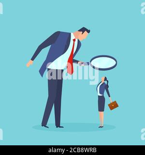 Vector of a big businessman looking through magnifying glass at a small businesswoman Stock Vector