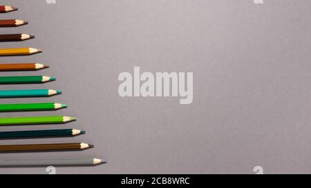 Pencils different colors at the left side flat lay top view on gray background with copy space. Education concept Stock Photo