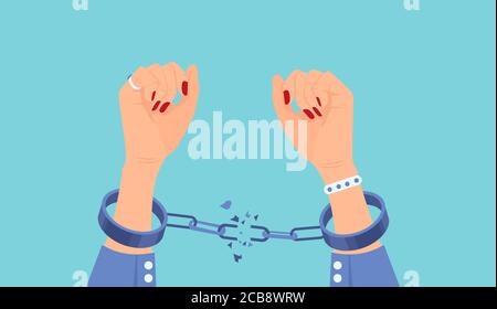 Vector of a woman breaking handcuffs enjoying freedom Stock Vector