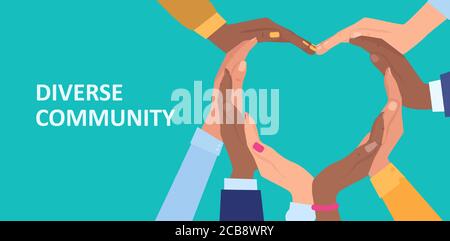Unity and diversity concept. Vector of a group of diverse people connected together with hands shaped as heart Stock Vector