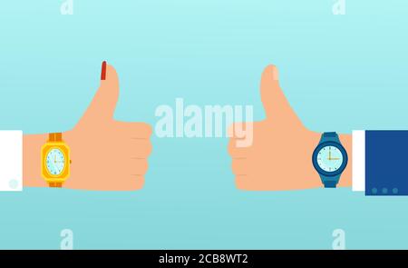 Vector of a man and woman hands with wrist watch showing thumbs up being on time Stock Vector