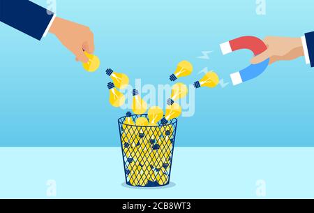 Vector of a businessman hand with magnet attracting creative ideas form waste basket Stock Vector