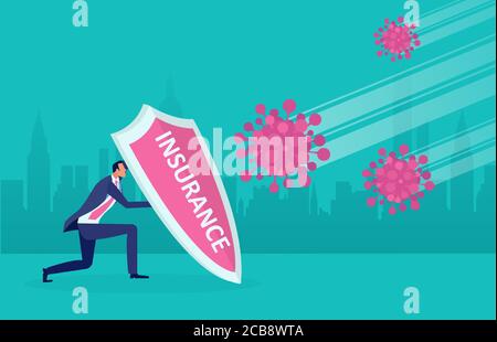 Vector of a businessman holding insurance knight shield to protect from COVID-19 virus Stock Vector