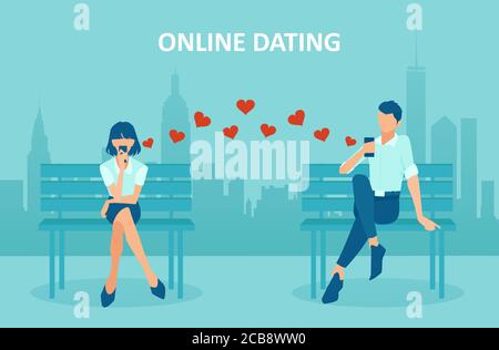 Online dating concept. Vector of a young woman and a man chatting via mobile app Stock Vector