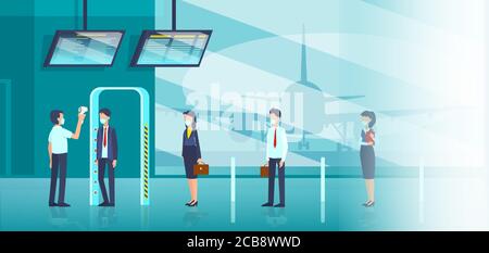 Vector of a security worker checking body temperature of entering passengers at the airport terminal. Stock Vector