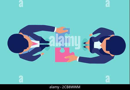 Vector of business people connecting puzzle elements. Symbol of teamwork, cooperation and partnership. Stock Vector