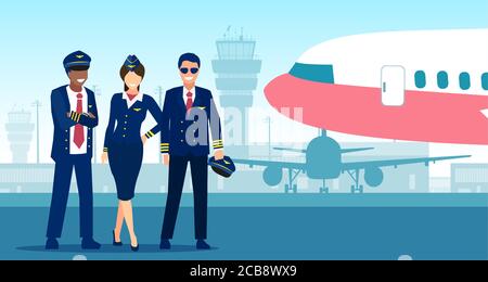 Vector of a flight team pilot, capitan and steward standing on a airplane background Stock Vector