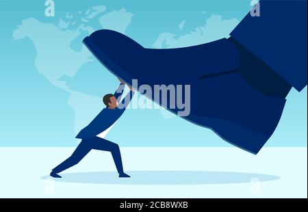 Vector of a small African American businessman fighting a big boss, resisting foot pressure Stock Vector