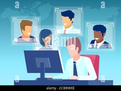Vector of a businessman team leader chatting online with employees via conference call. Distance work concept Stock Vector