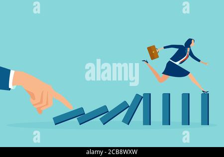 Vector of a businessman hand pushing dominoes and a businesswoman running away from falling effect. Stock Vector