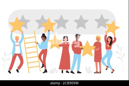 People holding golden stars over heads. Comments rate service, leave feedback consumer, five points score positive customer review evaluation and user experience satisfaction flat vector illustration Stock Vector