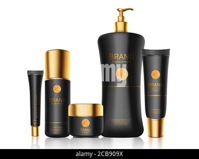 Stylish black bottles with gold caps for series of cosmetic, perfume. Vector realistic composition on white background. Flacon of different type and size set. Mockup for advertising, poster, broshure Stock Vector