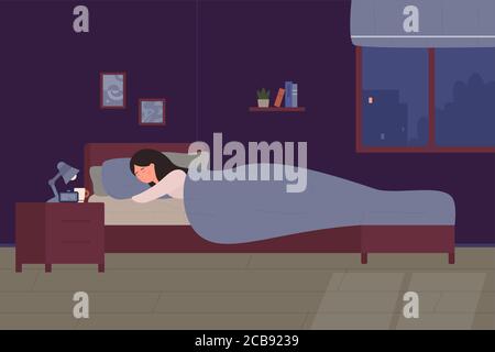 Young cute woman sleeping in her bed. Cartoon girl room bedroom at night. Comfortable interior with bed, lamp, books, flat vector illustration Stock Vector
