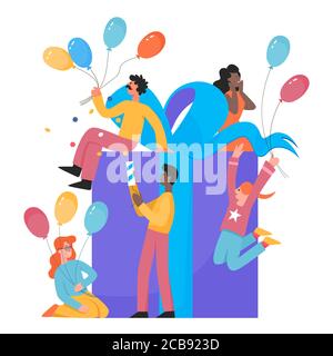 Happy young people sit on big wrapped present box, have fun with crackers baloons, exploding party poppers with confetti, celebrate birthday, isolated on white background, vector cartoon illustration. Stock Vector