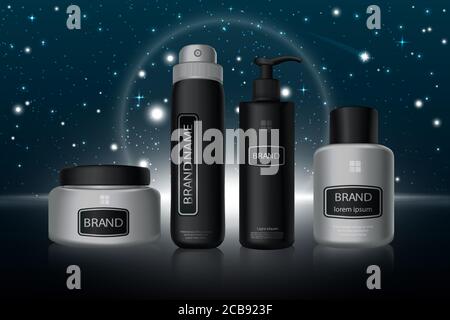 Stylish black and silver cosmetic bottles in row realistic mockup vector illustration. Flacons stay on black surface, on background of dark stars sky. Poster, concept, composition for promotion Stock Vector