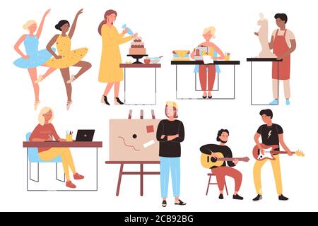 Creative professions and works set flat design vector illustration isolated on white background. Occupation characters. Dancer, sculptor, musician, artist, designer, tailor, culinary specialist Stock Vector