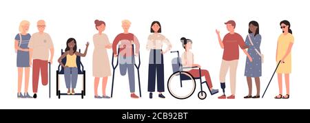 Multiracial disabled people character flat vector illustration set isolated on white background. Positive men and women with special needs with prosthesis, crutches, stick, in wheelchair, blind girl Stock Vector