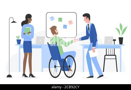 Man with special needs in wheelchair gets job flat character vector illustration. Positive touchable situation with smiling people in company office. Career and employment of disabled person concept Stock Vector