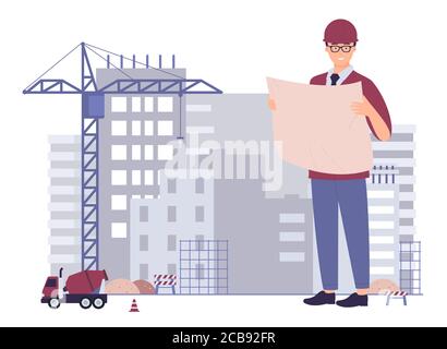 Smiling male creative architect civil engineer professional technician builder worker foreman hold project paper plan, check inspect supervise building under construction, cartoon vector illustration. Stock Vector