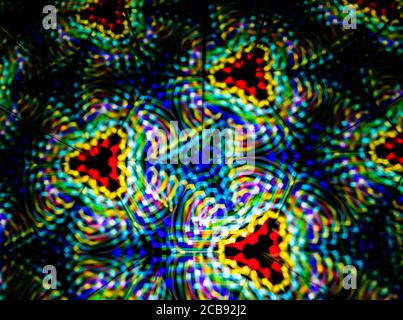3D rendering or 3D rendering. Kaleidoscopic three-dimensional image. Symmetry with colored lights on a black background. Stock Photo