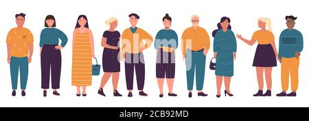 Overweight different age men and women color flat vector illustration set isolated on white background. Collection positive smiling and serious fat characters standing in full face and height Stock Vector