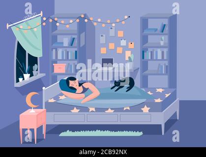 Sweetheart sleeping happy girl and kitten in bedroom at night character flat vector illustration concept. Comfortable cute interior with bed, nightstand, lamp, shelves, books, laptop, table, curtains Stock Vector