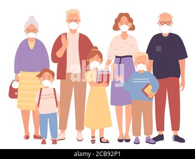 Vector Big family in protective medical face masks. Men women father mother grandparents and kids wearing protection from coronavirus, covid-19, 2019-nCoV, urban air smog pollution, gas emission Stock Vector