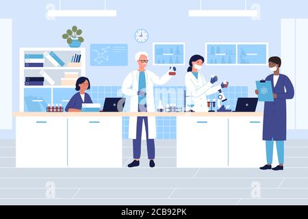 Group scientists in medical or chemical laboratory flat vector illustration. Men, women in protective gloves, masks, lab coats with flasks, test tubes doing research tests. Drug development, science experiment. Stock Vector