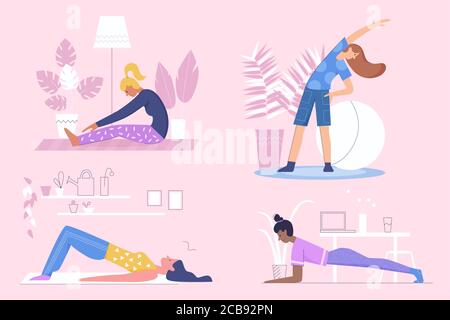 Active sportive girls do morning exercises, fitness at home character flat vector illustration set. Young slim women training, bend, do plank at comfortable interior. Healthy lifestyle concepts Stock Vector