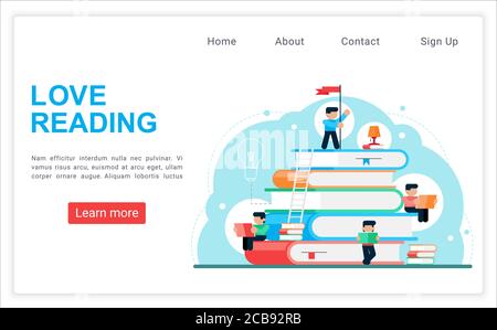 Love reading men on gigant stack books as symbol of steps education way flat vector illustration web landing page. Book festival, education poster concept Stock Vector