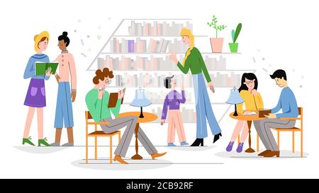 People in traditional library character flat line vector illustration concept. Familiar comfortable library interior, atmosphere, shelves with many books, men and women reading literature. Stock Vector