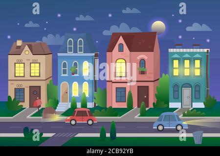 Old city landscape in night cartoon vector illustration. Small town citylife, urban life area, downtown. Cute houses residential area. Stock Vector