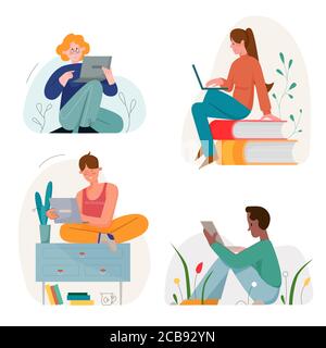 Sitting people with laptops flat vector illustration set isolated on white background. Cute men and women in different environment with opened notebooks, ultrabooks looks to the device screen Stock Vector