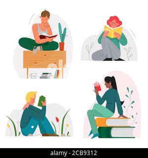 Reading sitting people character concept flat vector illustration set isolated on white background. Cute men and women apart in different poses with opened books, deep in reading, education, leisure Stock Vector