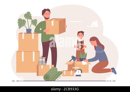 Happy lovely family relocates to new apartment character flat vector illustration concept. Mother carefully takes out plant in pot, father holds cardboard box, little son with cute teddy bear Stock Vector