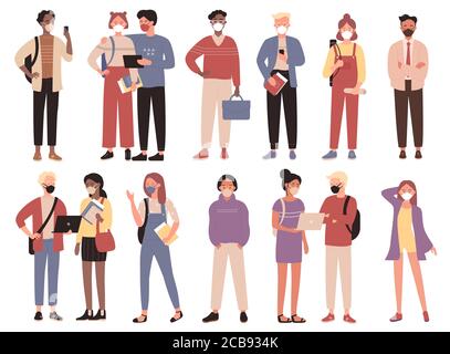 Young people students in protective casual and medical face masks. Men women wearing protection from coronavirus, covid-19, 2019-nCoV, urban air smog pollution, gas emission vector illustration. Stock Vector