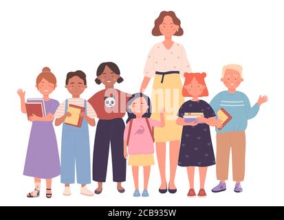 Female Teacher and kids vector illustration. Pedagogues and pupils, smiling adults and schoolchildren flat characters. Study group, class photo, woman educator with children, learners teaching staff Stock Vector