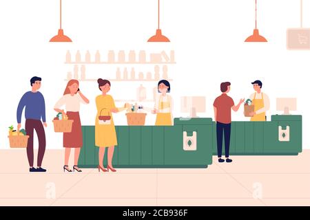 Customers standing in line or queue to cashier in supermarket. Shopping vector concept. People queue in retail store market illustration Stock Vector